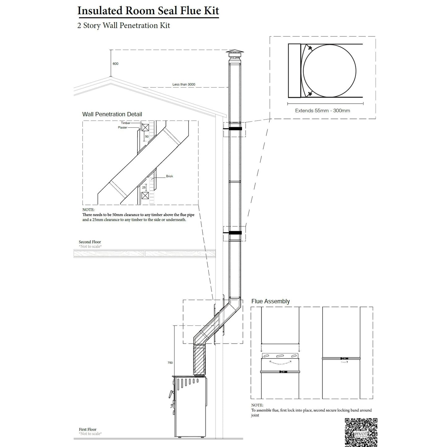 6" Two Storey Wall Penetration Room Flue Kit All Black (Suits Freestanding Fireplaces)