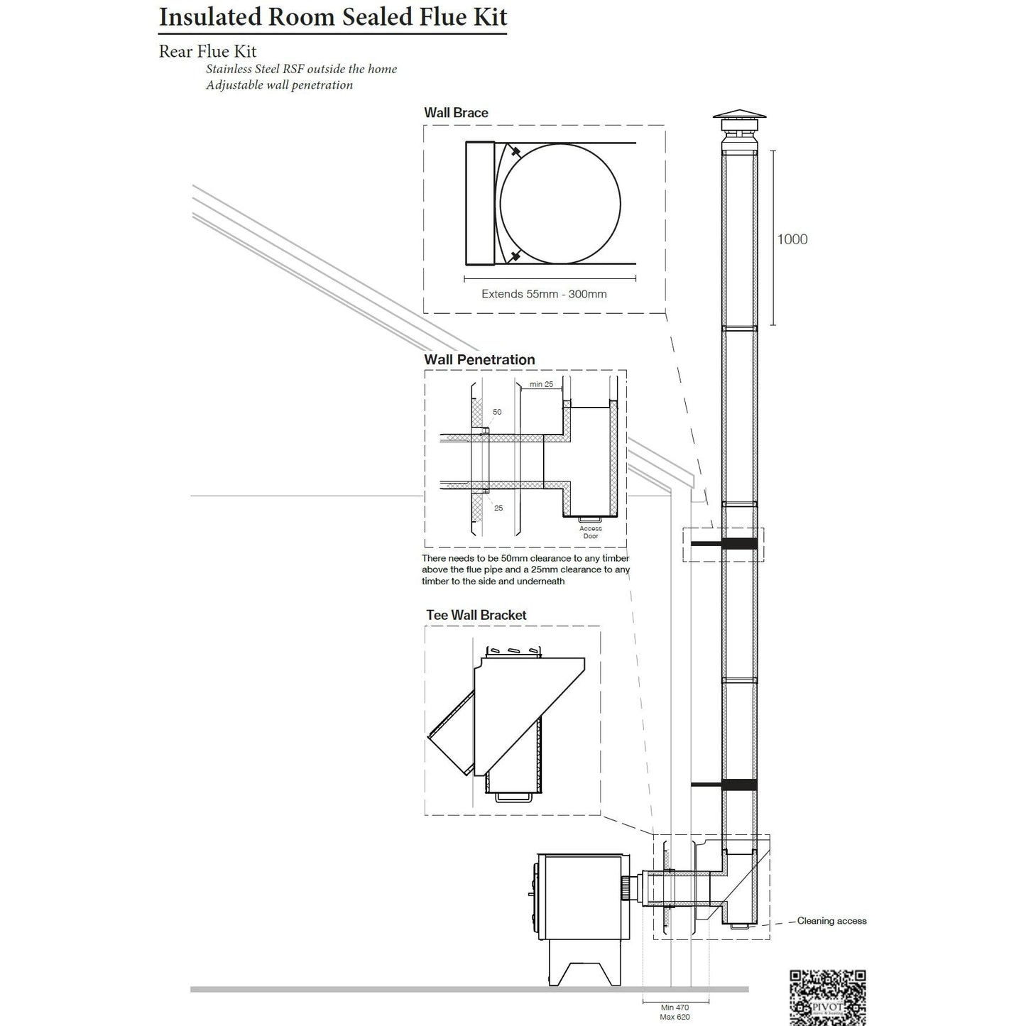 8" Insulated Rear Room Sealed 4m Flue Kit All Black (Suits Freestanding Fireplaces)