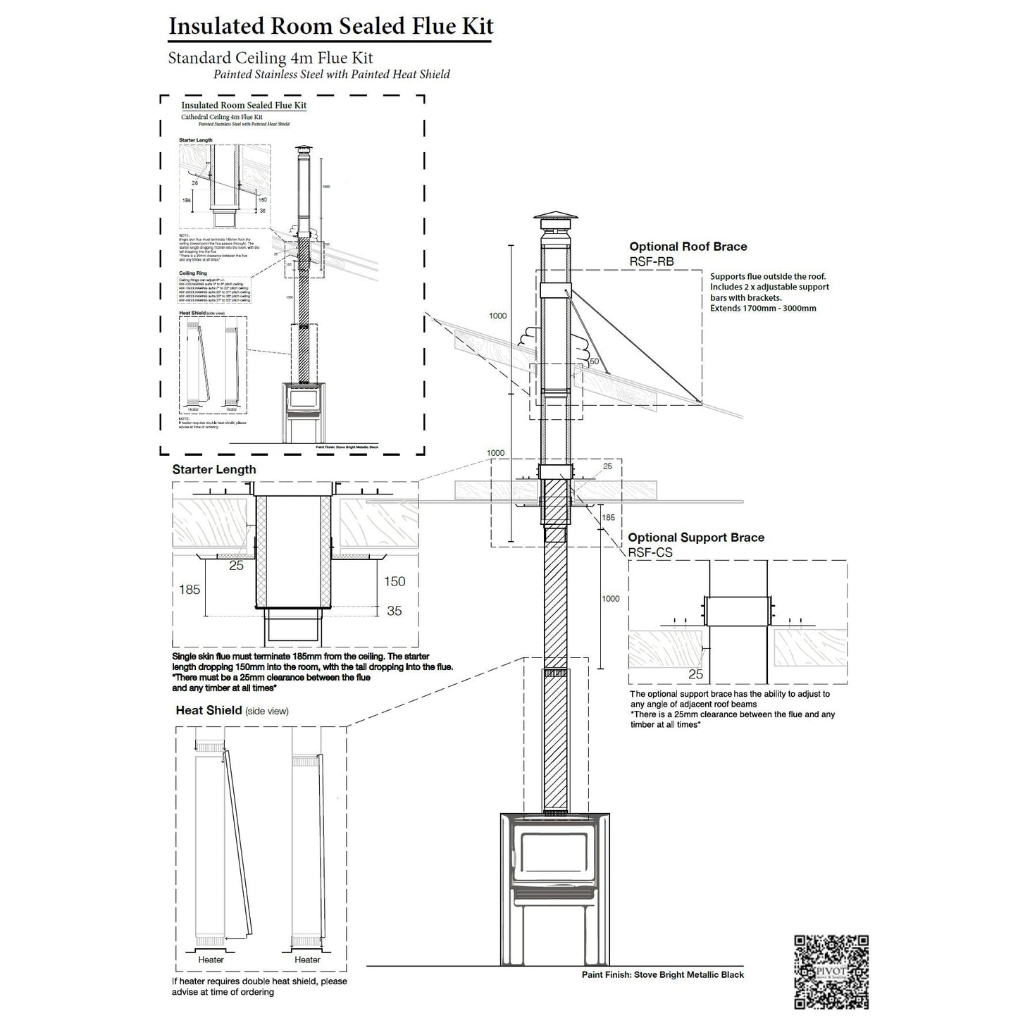 9" Standard Room Sealed 4m Flue Kit All Black (Suits Freestanding Fireplaces)