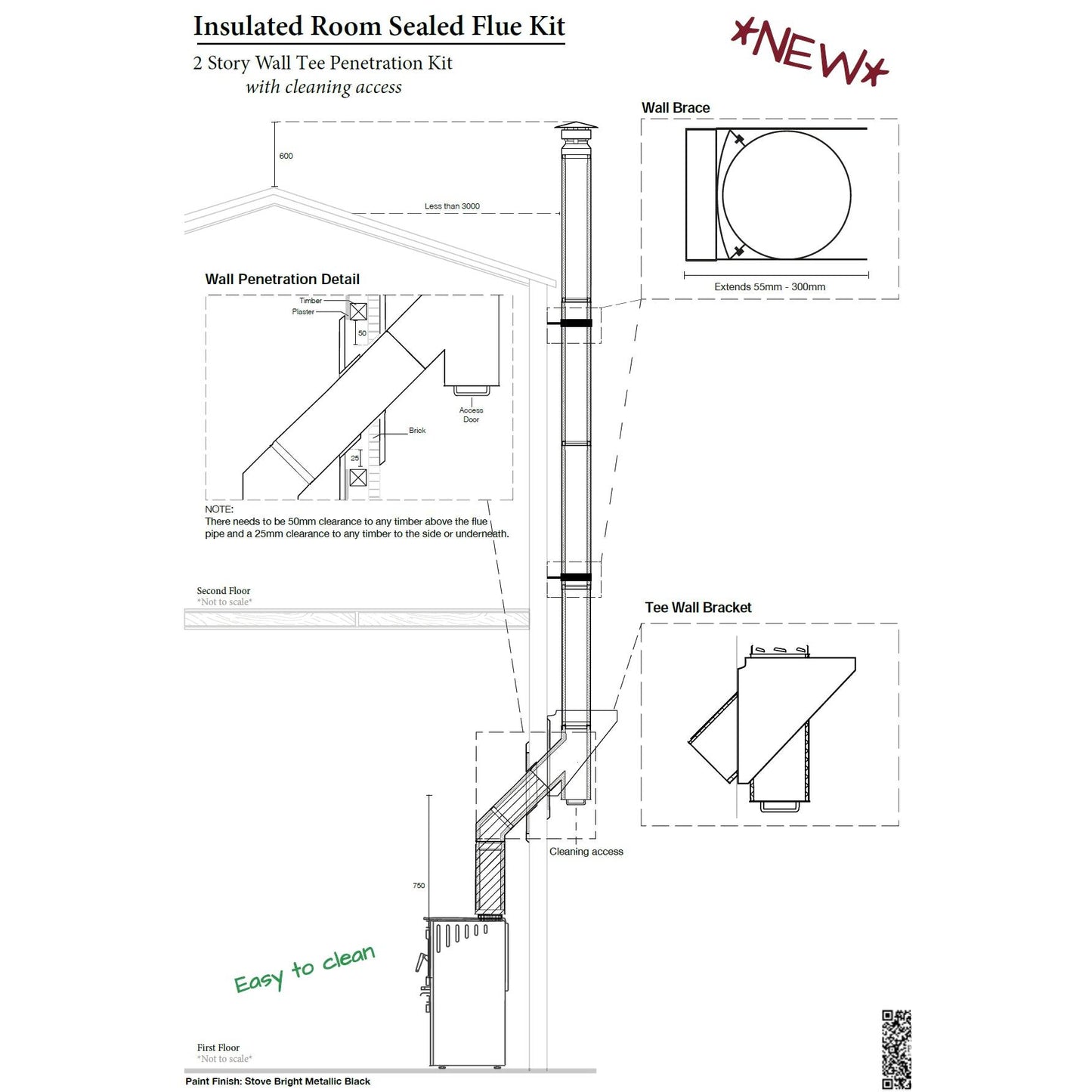 8" Two Storey Wall Tee Penetration Room Flue Kit All Black (Suits Freestanding Fireplaces)