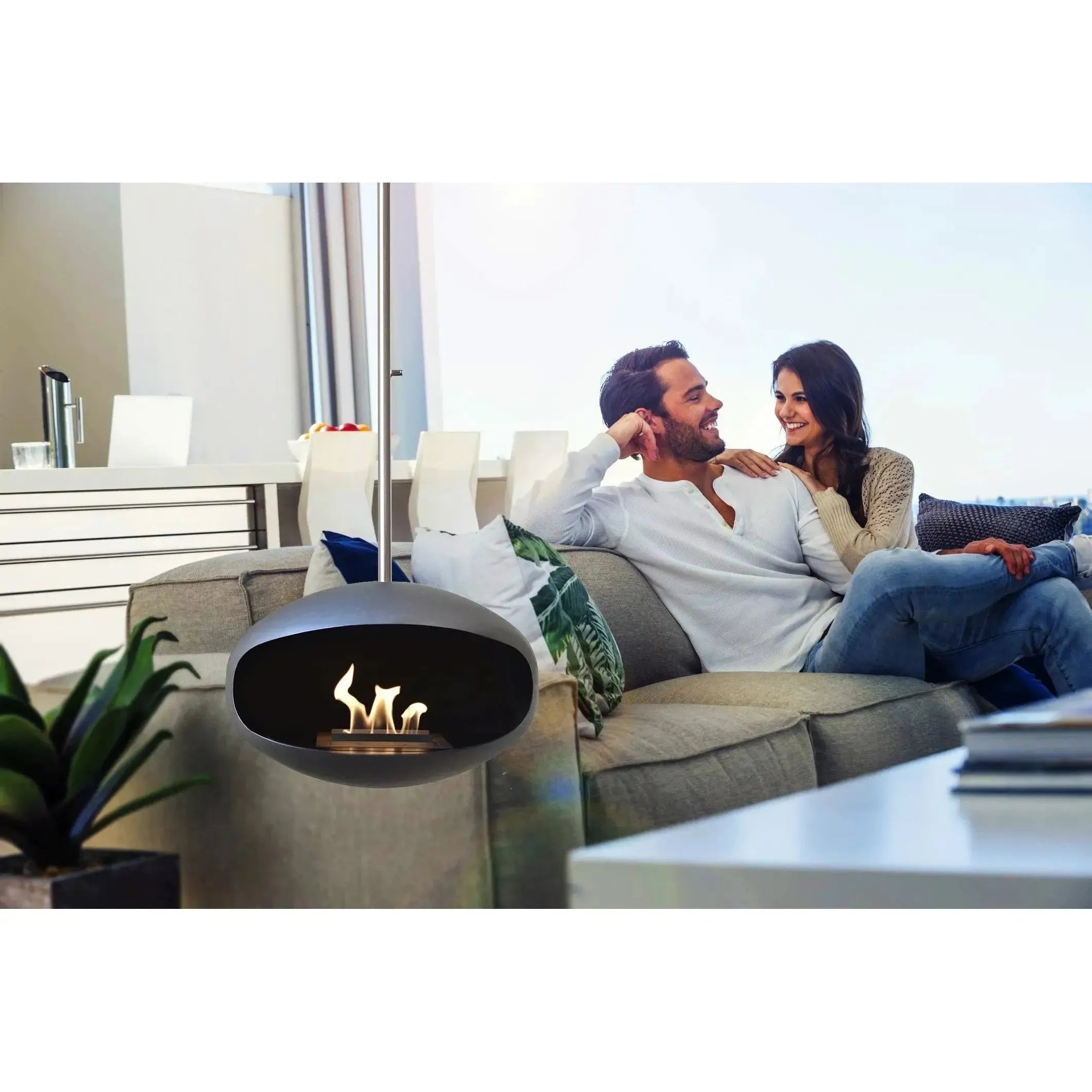 Cocoon Aeris Hanging Ethanol Fireplace - Matt Black With Straight Pole