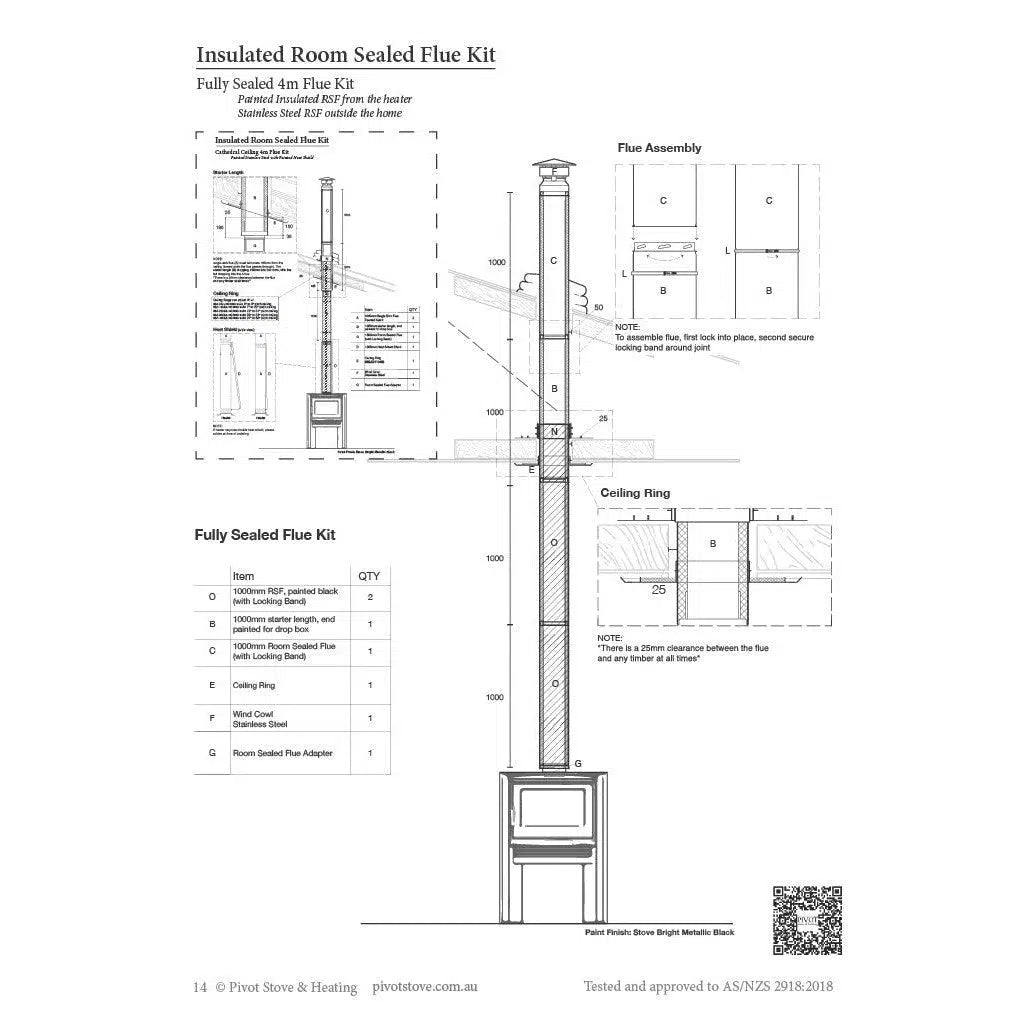 10" Fully Insulated Room Sealed 4m Flue Kit (Suits Freestanding Fireplaces)