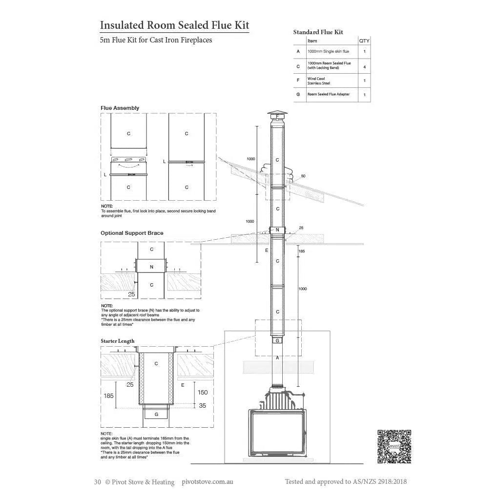 10" Standard Insulated Room Sealed 5m Flue Kit (Suits Inbuilt Fireplaces)