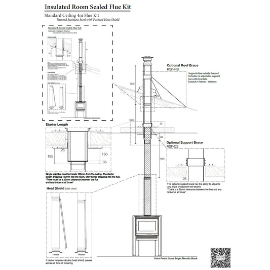 9" Standard Room Sealed 4m Flue Kit All Black (Suits Freestanding Fireplaces)