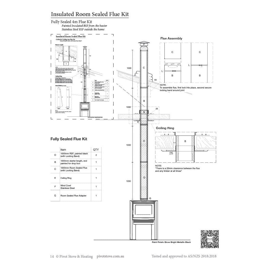 5" Fully Insulated Room Sealed Black 4m Flue Kit (Suits Freestanding Fireplaces)