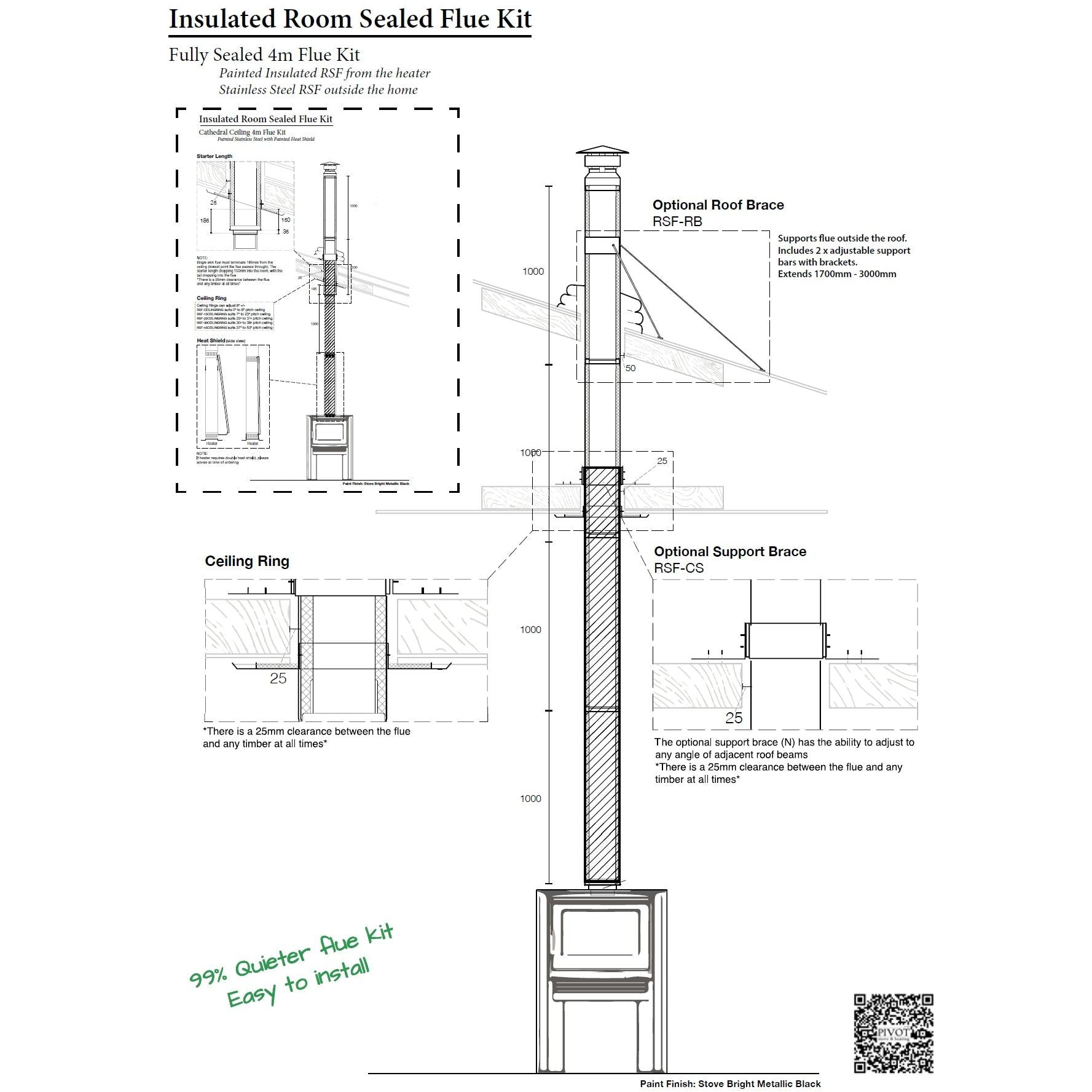 6" Fully Insulated Room Sealed Flue Kit 4m Flue Kit All Black (Suits Freestanding Fireplaces)