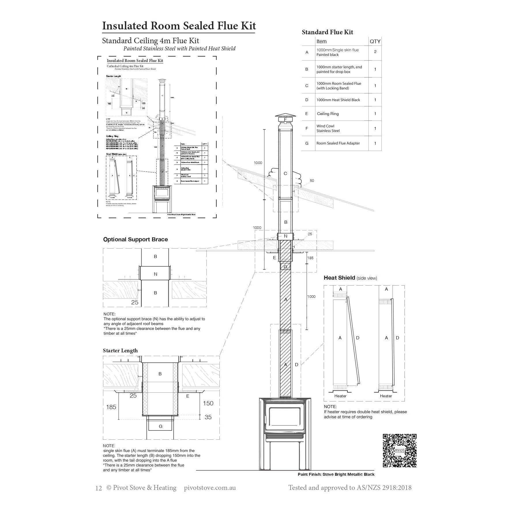 6" Standard Insulated 4m Flue Kit - No Heat Shield (Suits Freestanding Fireplaces)