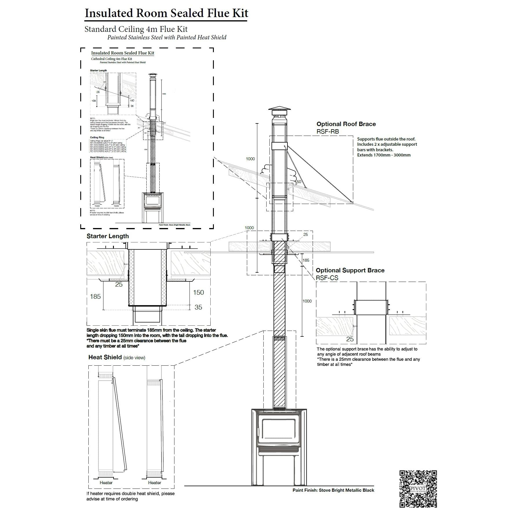 9" Standard Room Sealed 4m Flue Kit All Black (Suits Freestanding Fireplaces)