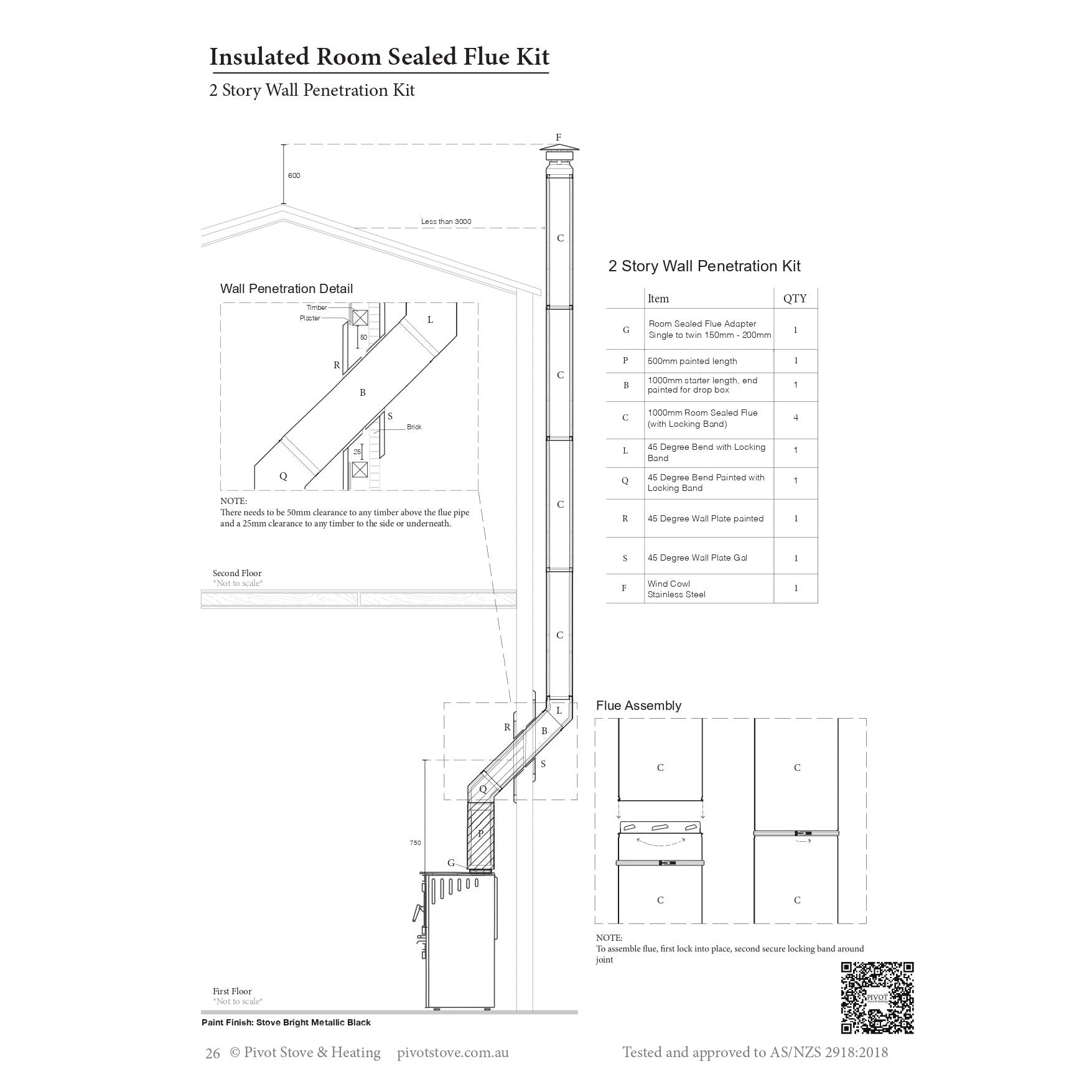 7" Two Storey Wall Penetration Room Sealed Flue Kit (Suits Freestanding Fireplaces)