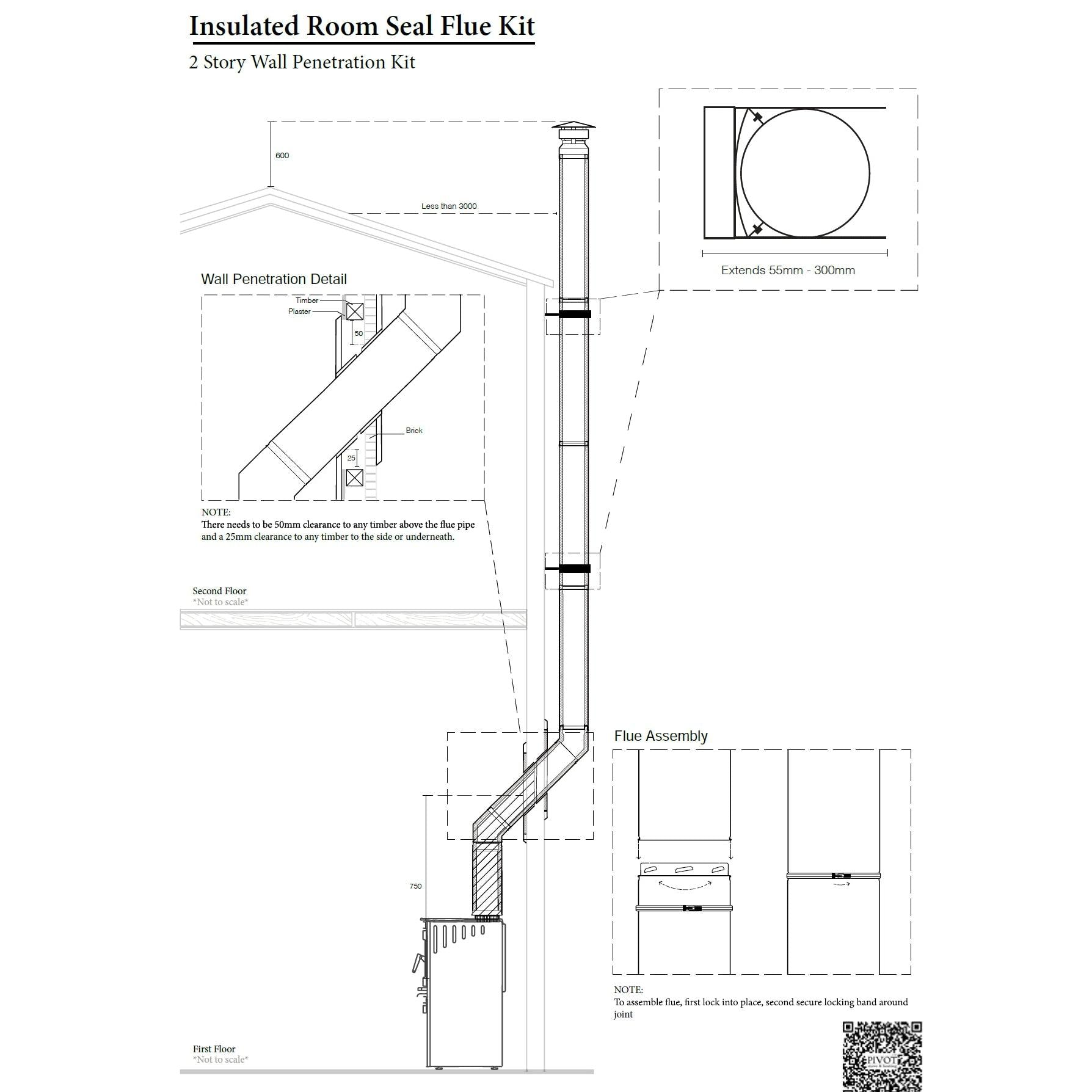 6" Two Storey Wall Penetration Room Flue Kit All Black (Suits Freestanding Fireplaces)