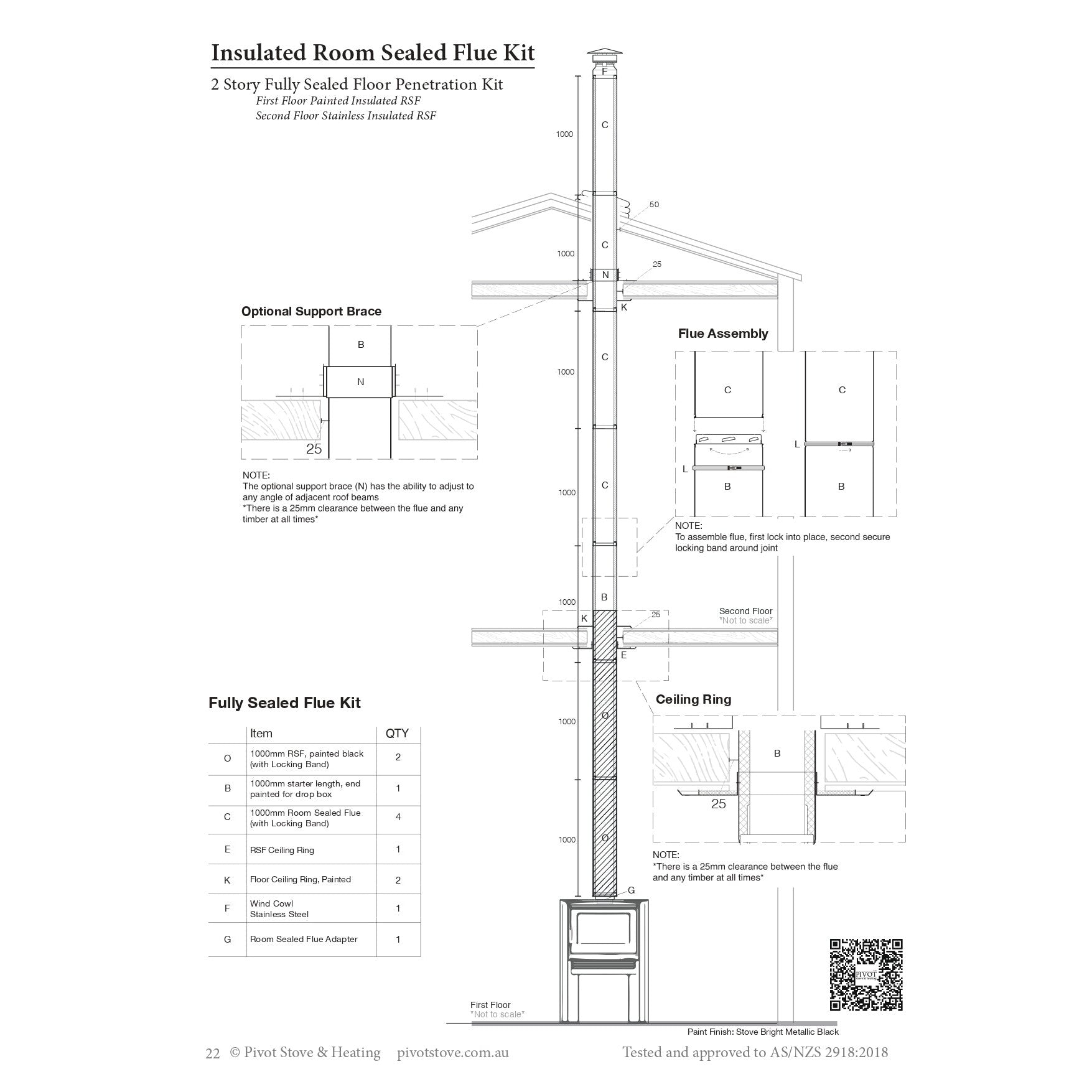 8" Two Storey Painted Floor Penetration Room Sealed Flue Kit - 3.7m (Suits Freestanding Fireplaces)