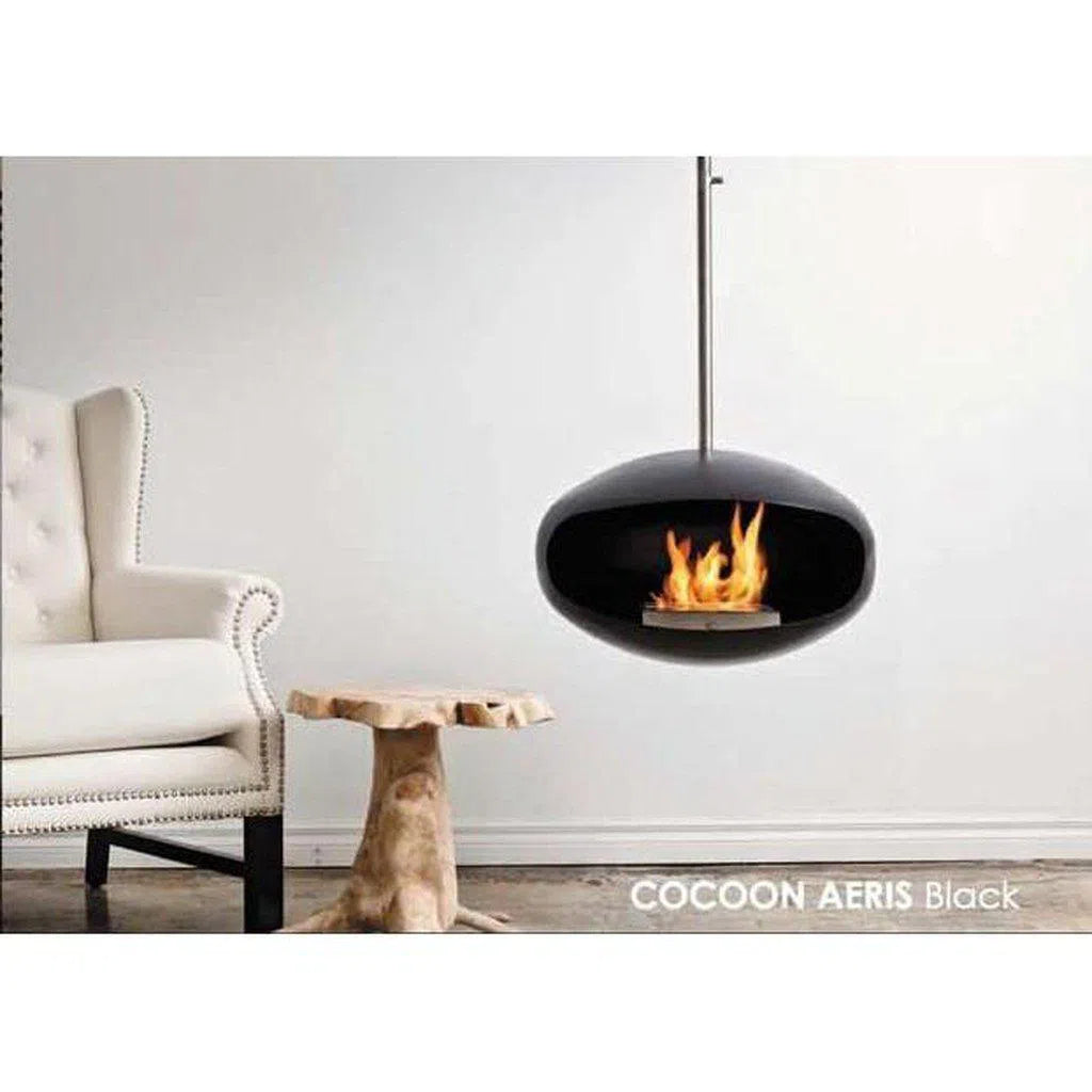 Aeris Hanging Cocoon Ethanol Fireplace - Matte Black With Angled Stainless Steel Suspension