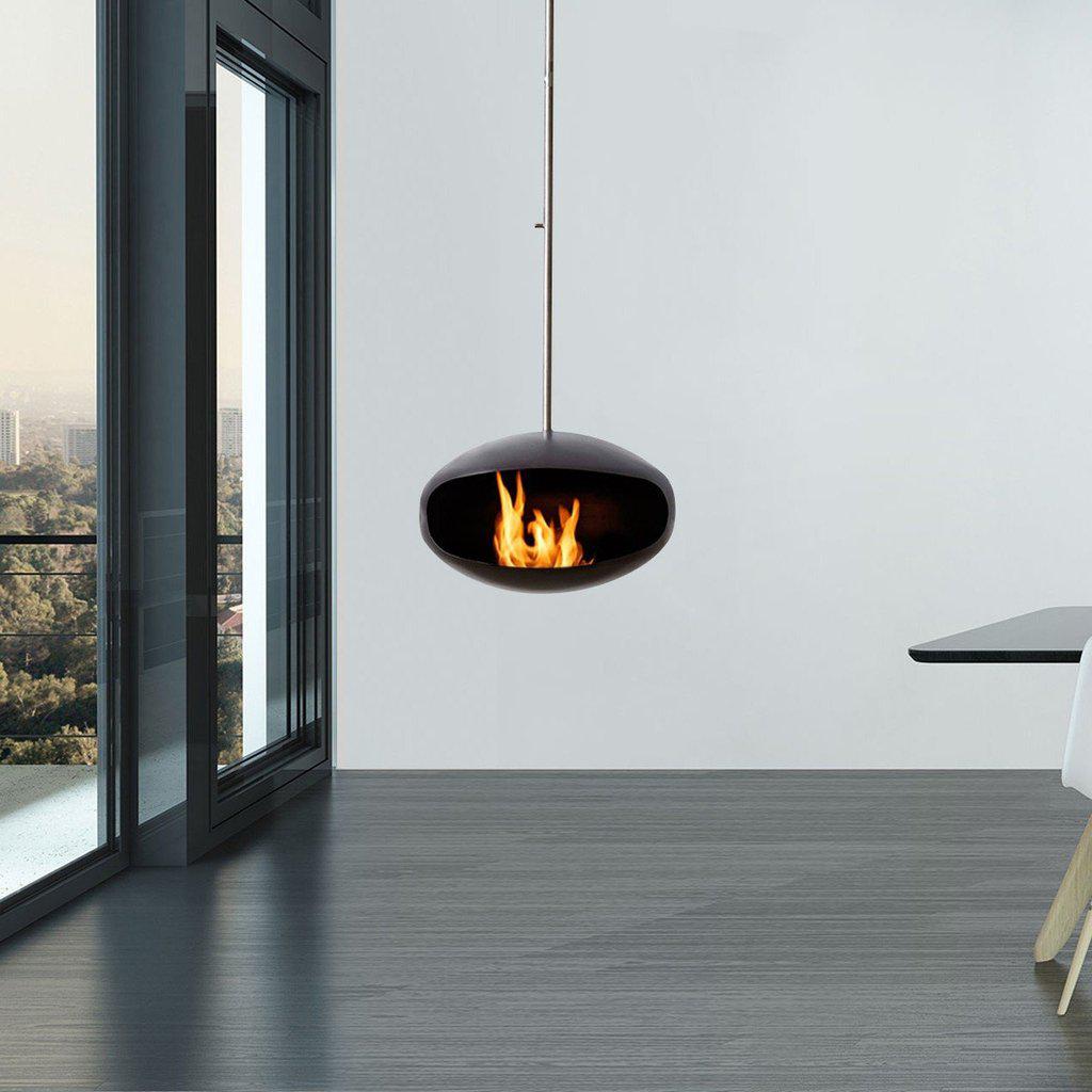 Aeris Hanging Cocoon Ethanol Fireplace - Matte Black With Angled Stainless Steel Suspension