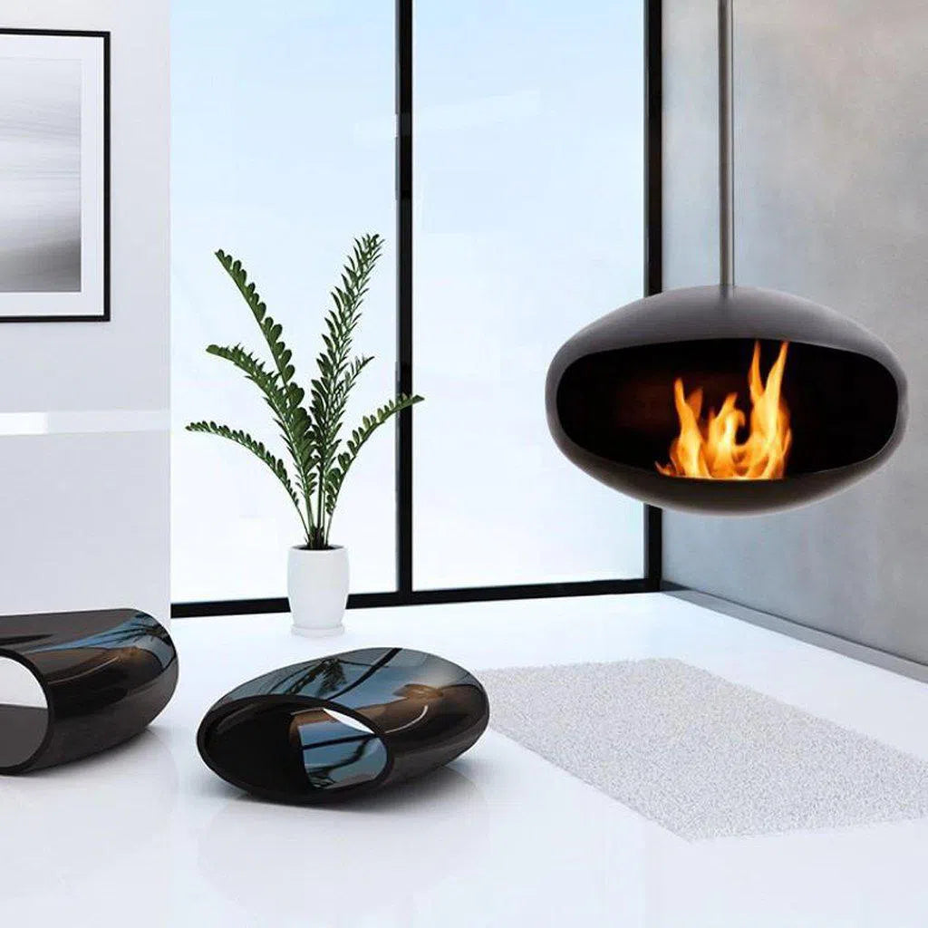 Aeris Hanging Cocoon Ethanol Fireplace - Matte Black With Matte Black Suspension