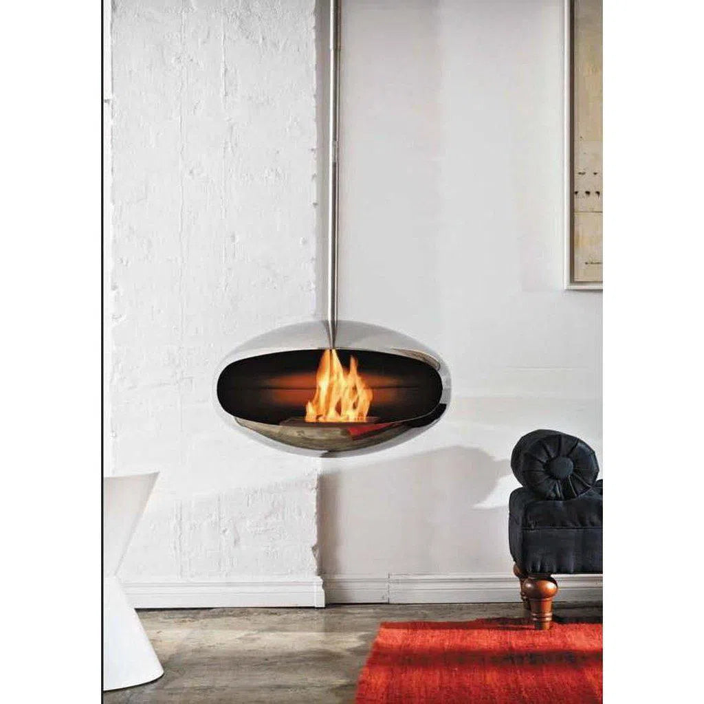 Aeris Hanging Cocoon Ethanol Fireplace - Stainless Steel With Angled Stainless Steel Suspension