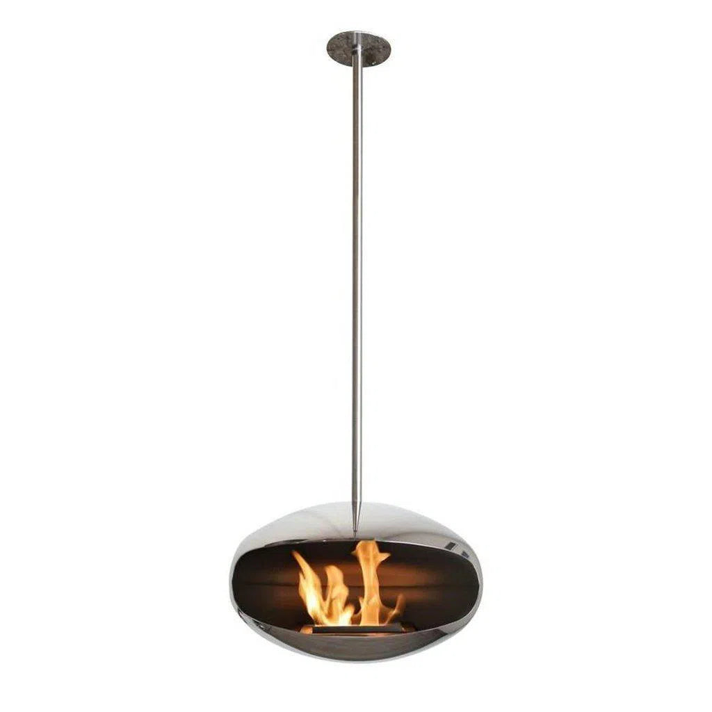 Aeris Hanging Cocoon Ethanol Fireplace - Stainless Steel With Angled Stainless Steel Suspension