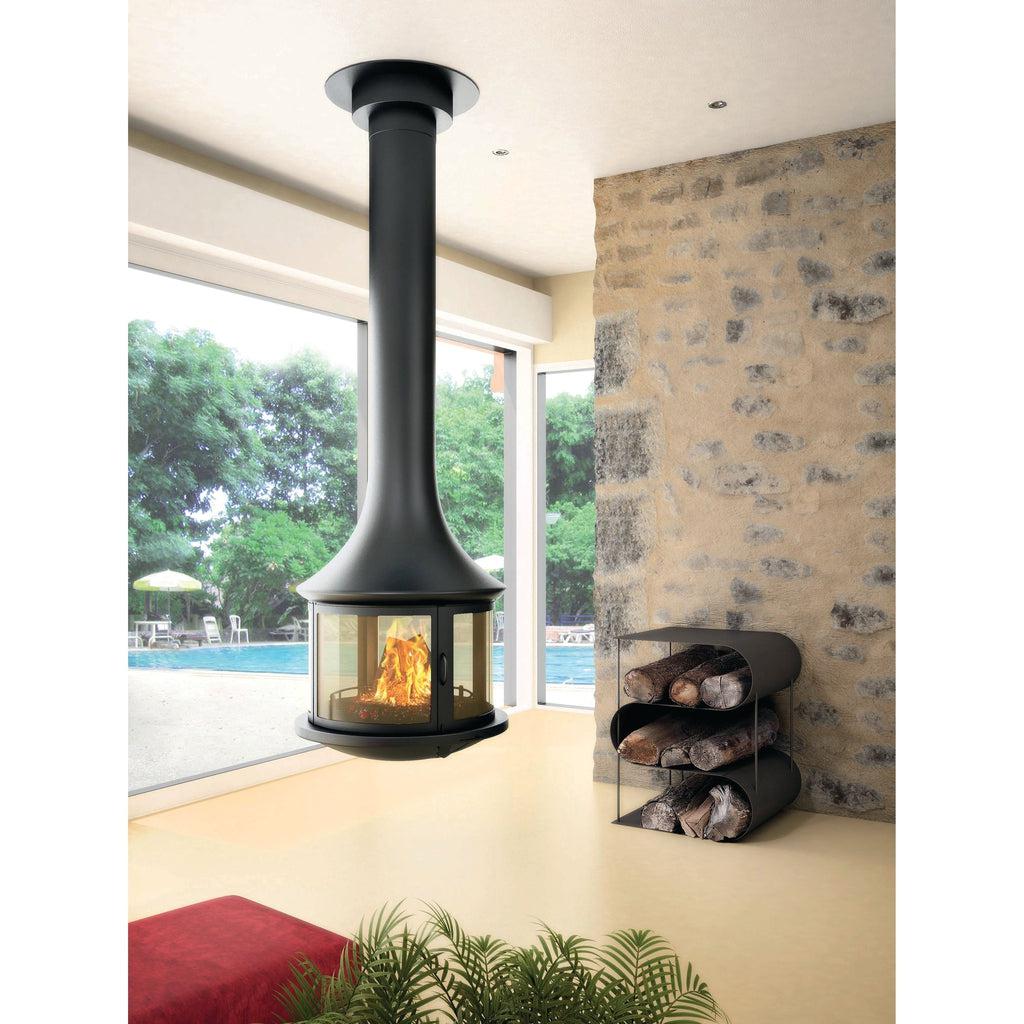 Bordelet LEA 998 Central Hanging Wood Fireplace With Safety Glass - Intense Black