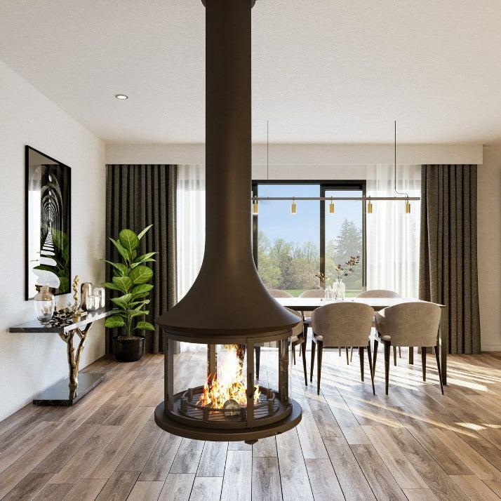 Bordelet LEA 998 Central Hanging Wood Fireplace With Safety Glass - Intense Black