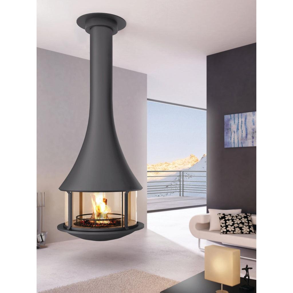 Bordelet ZELIA 908 Central Hanging Wood Fireplace - Intense Black, Brick Finish