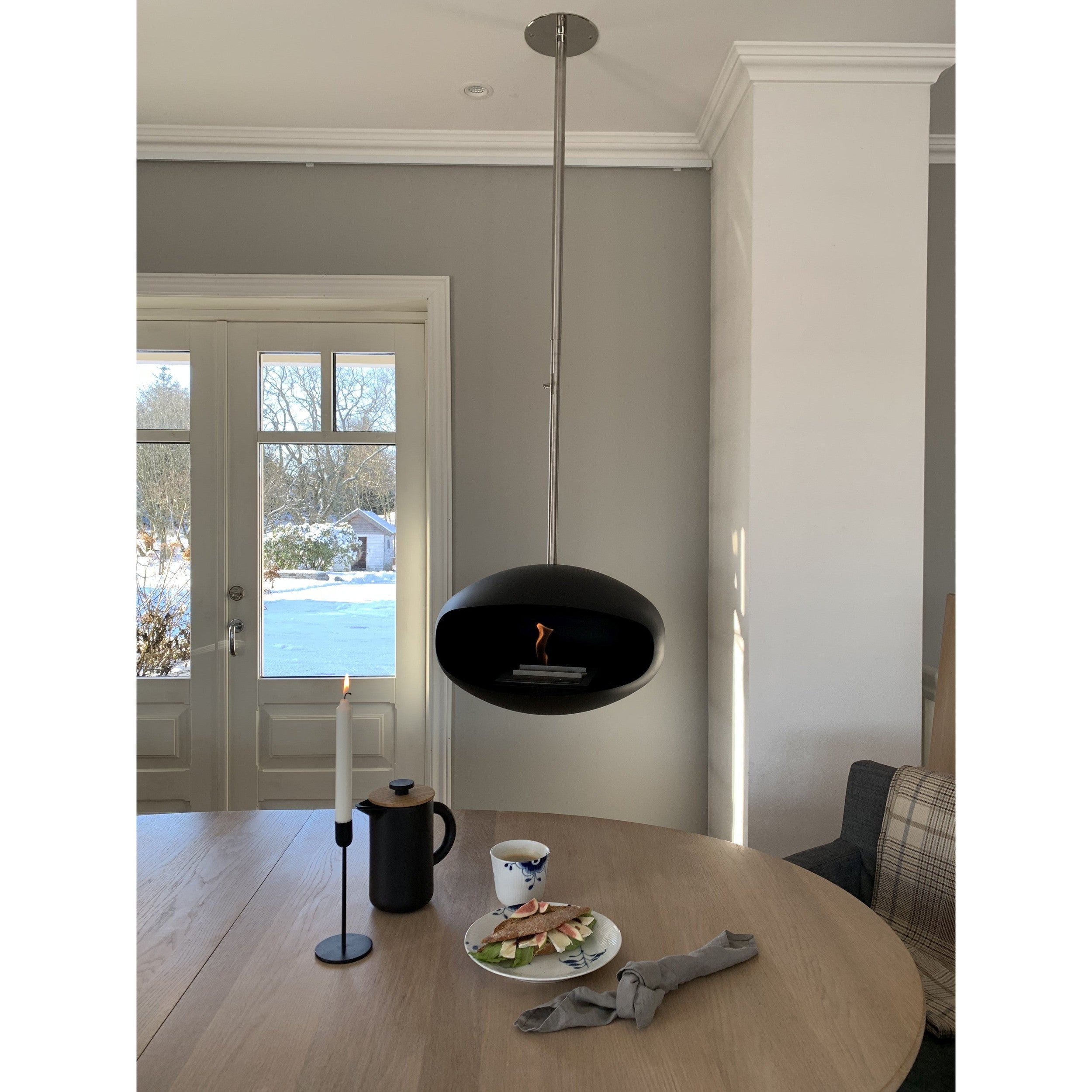 Cocoon Aeris Hanging Ethanol Fireplace - Matt Black With Angled Pole