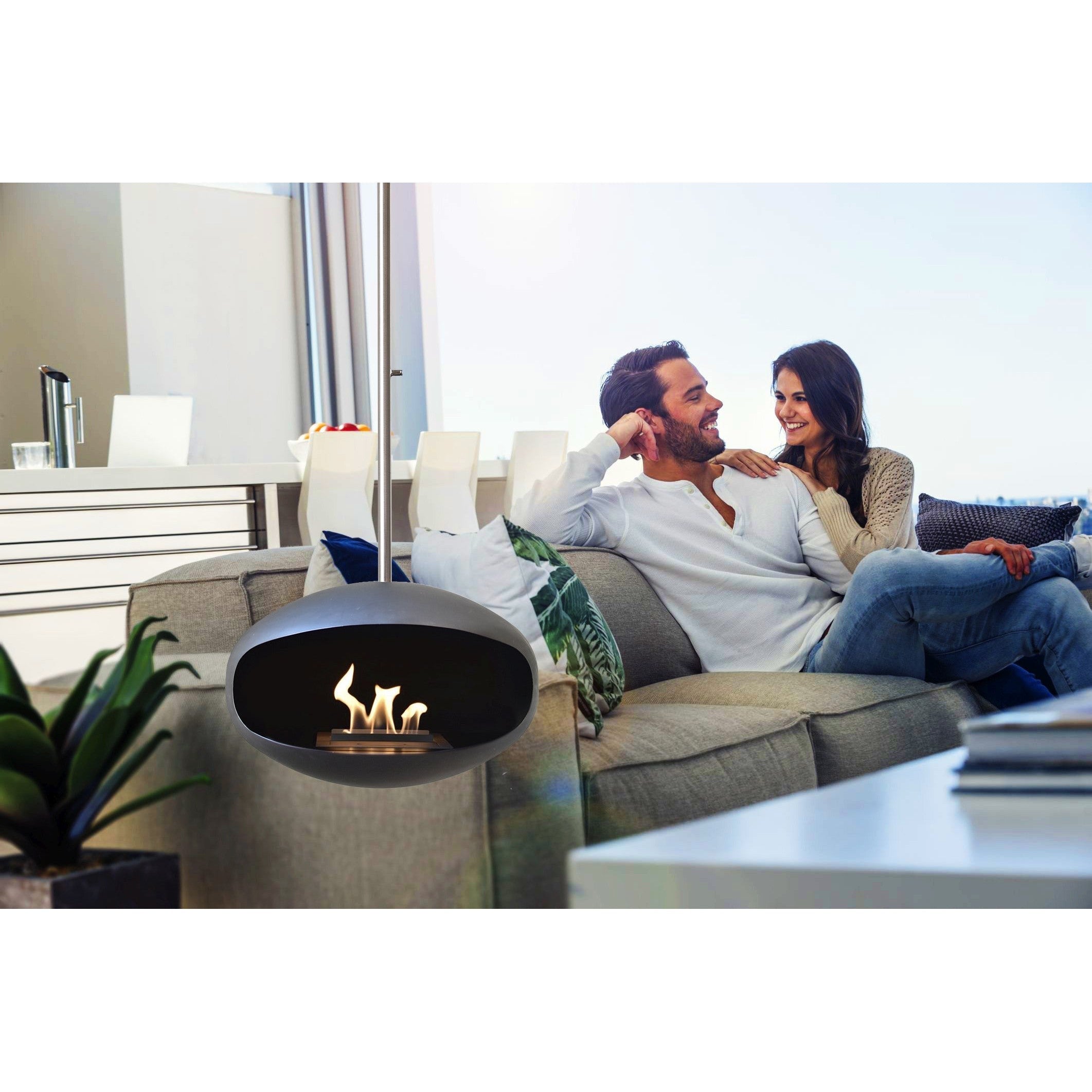 Cocoon Aeris Hanging Ethanol Fireplace - Matt Black With Angled Pole