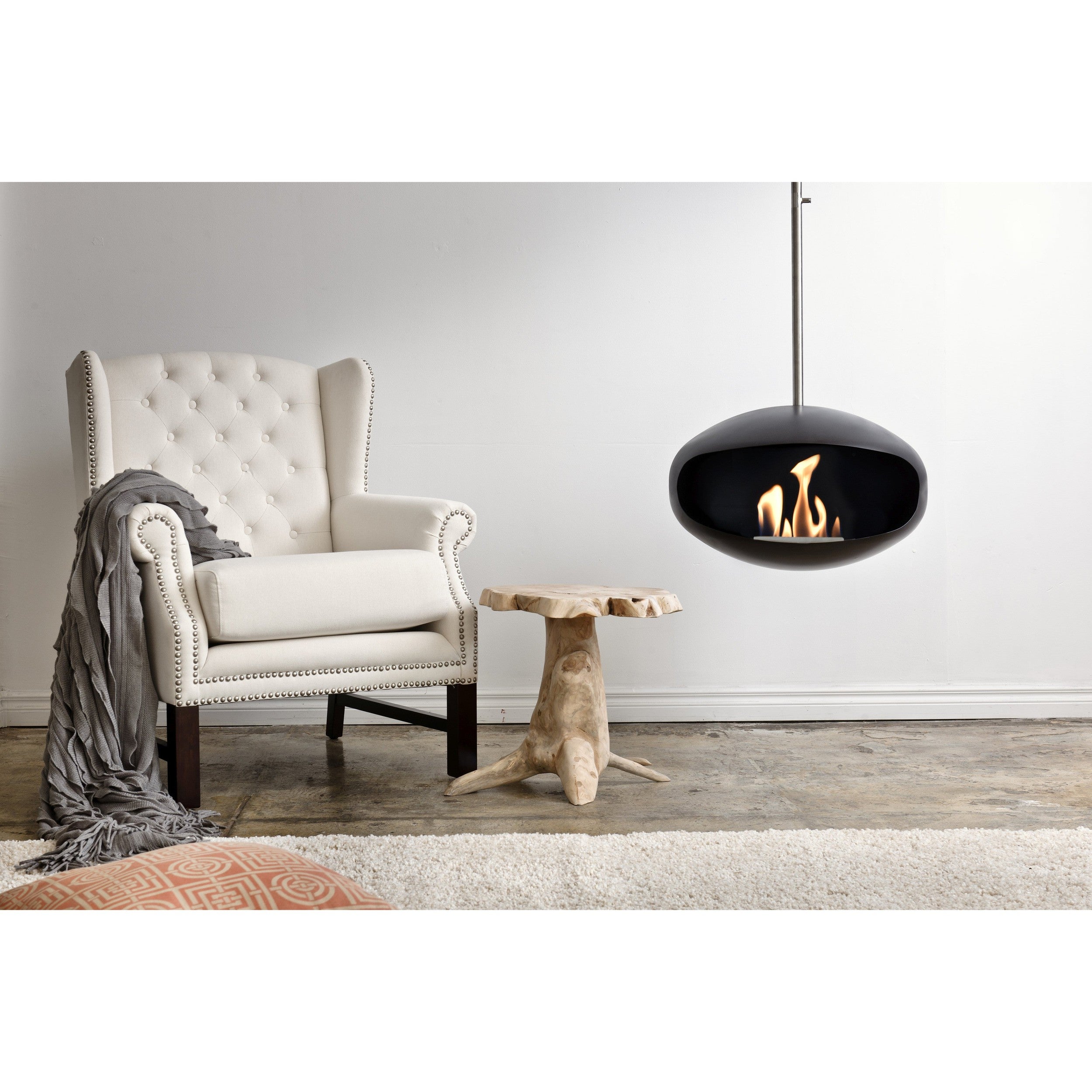 Cocoon Aeris Hanging Ethanol Fireplace - Matt Black With Straight Pole