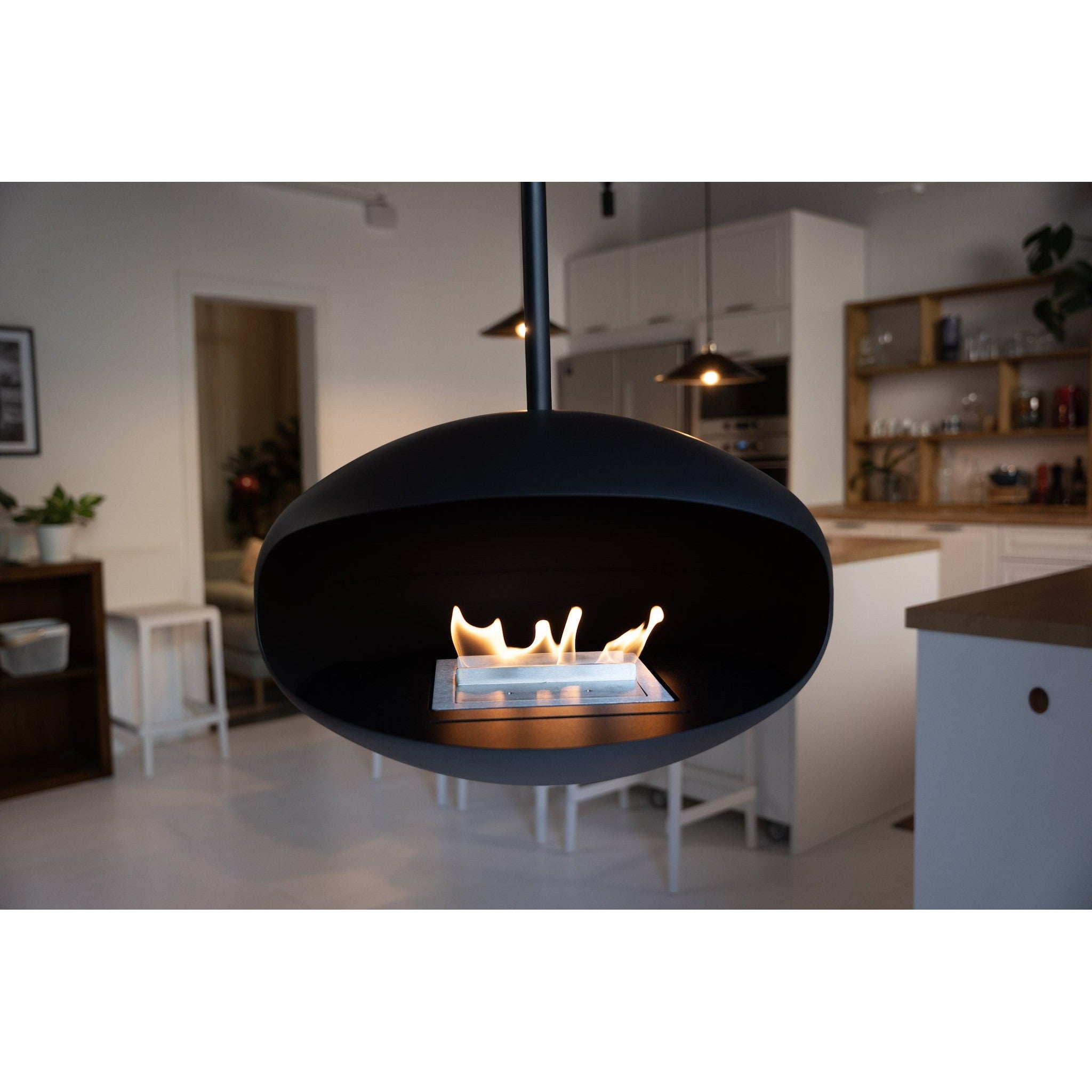 Cocoon Aeris Hanging Ethanol Fireplace - Matt Black With Straight Pole