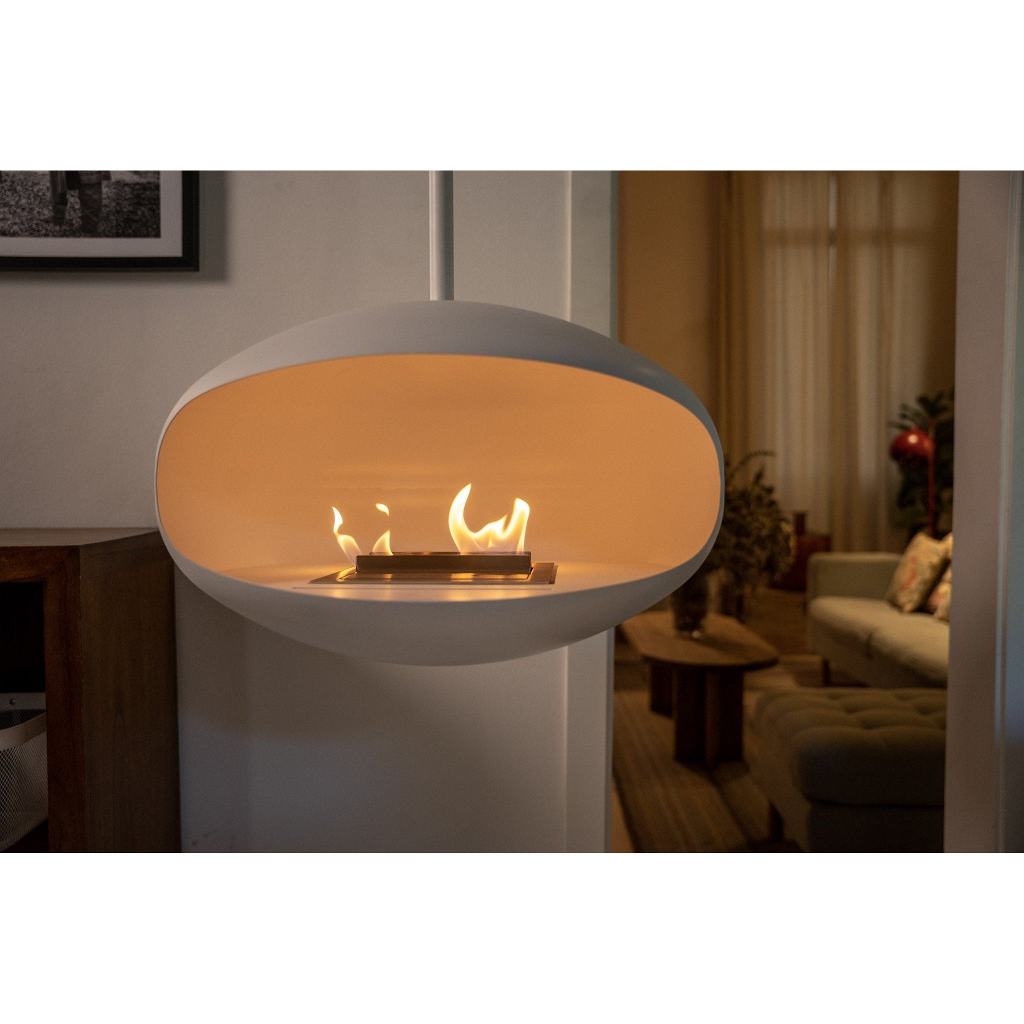 Cocoon Aeris Hanging Ethanol Fireplace - Matt White With Angled Pole