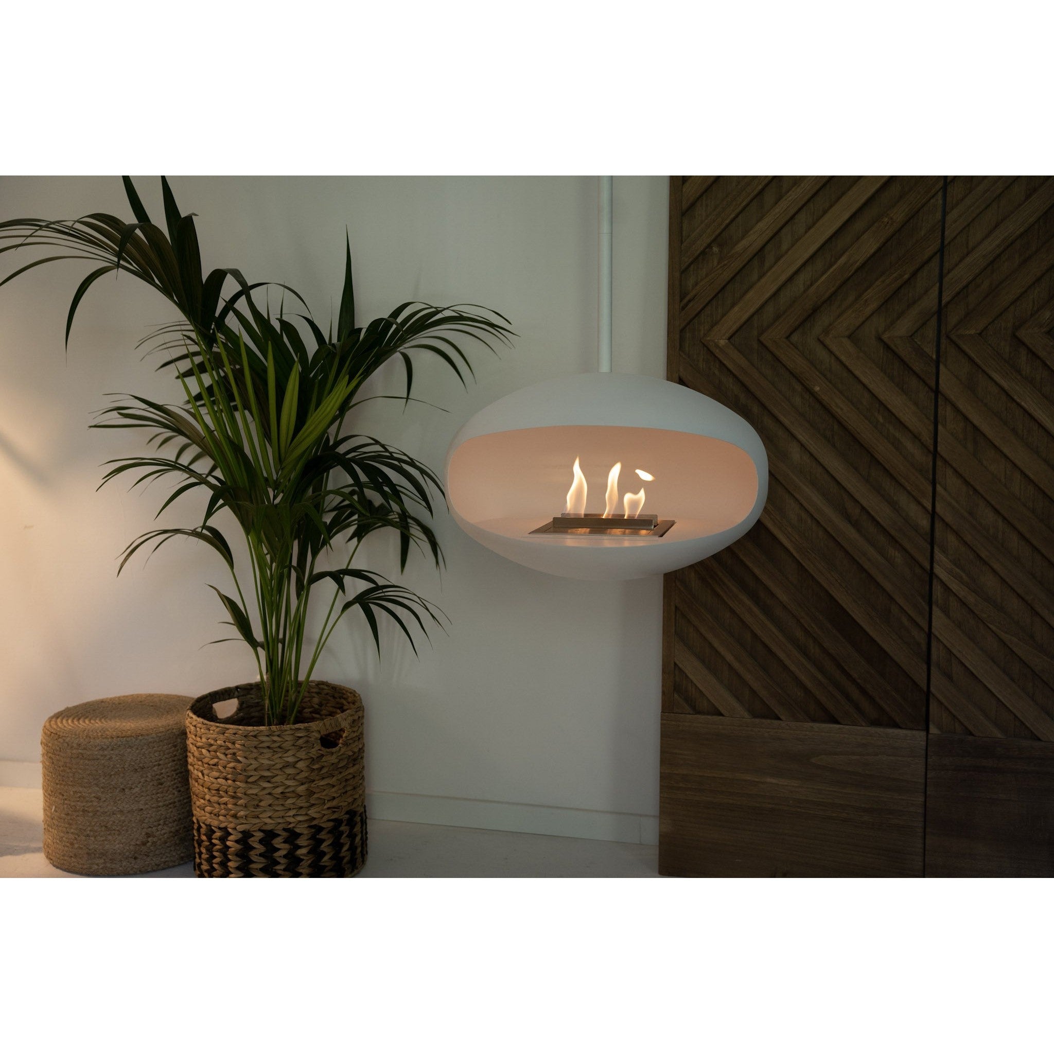 Cocoon Aeris Hanging Ethanol Fireplace - Matt White With Angled Pole