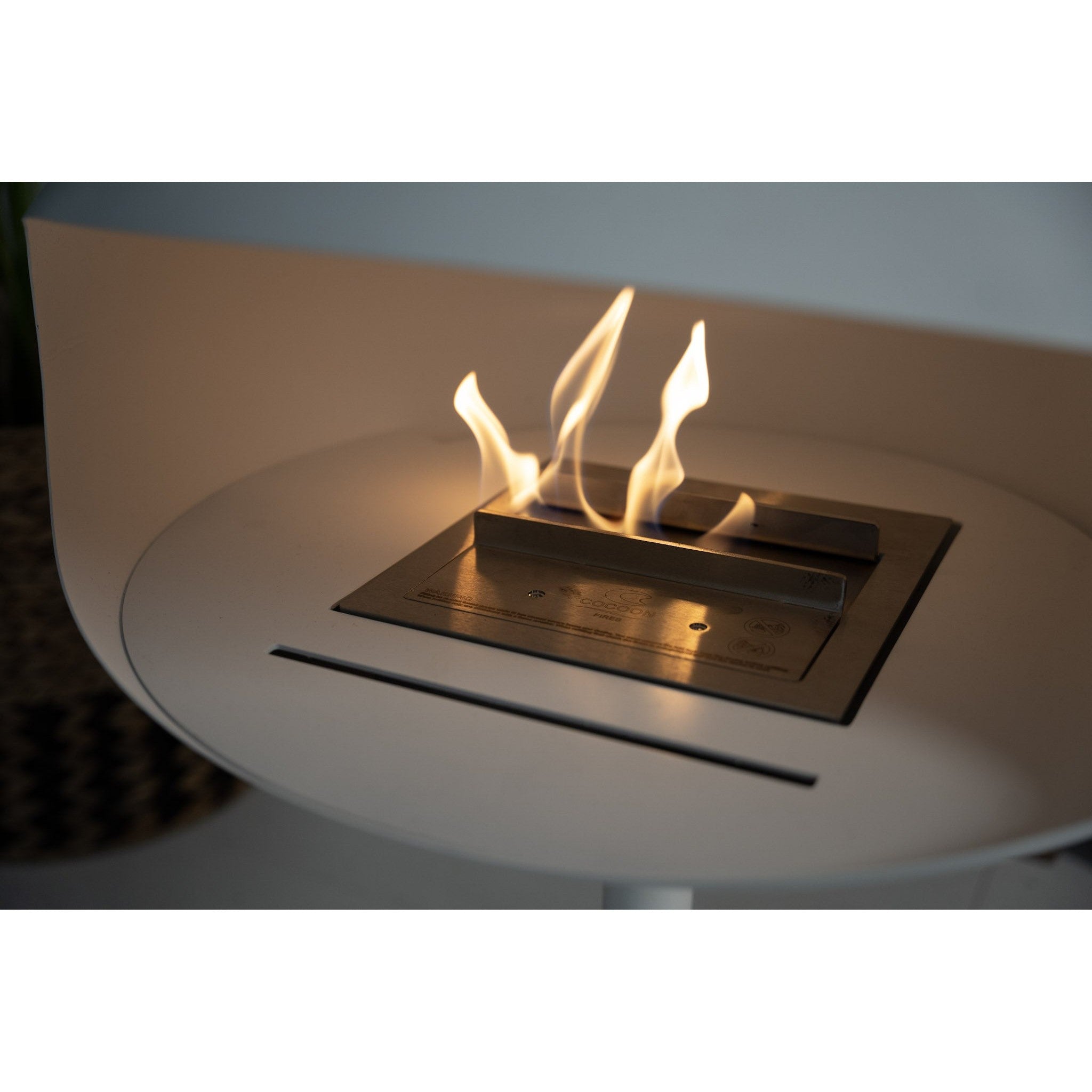 Cocoon Aeris Hanging Ethanol Fireplace - Matt White With Angled Pole