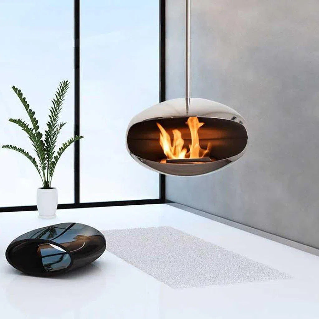 Cocoon Aeris Hanging Ethanol Fireplace - Stainless Steel Shell w Angled Stainless Steel Pole