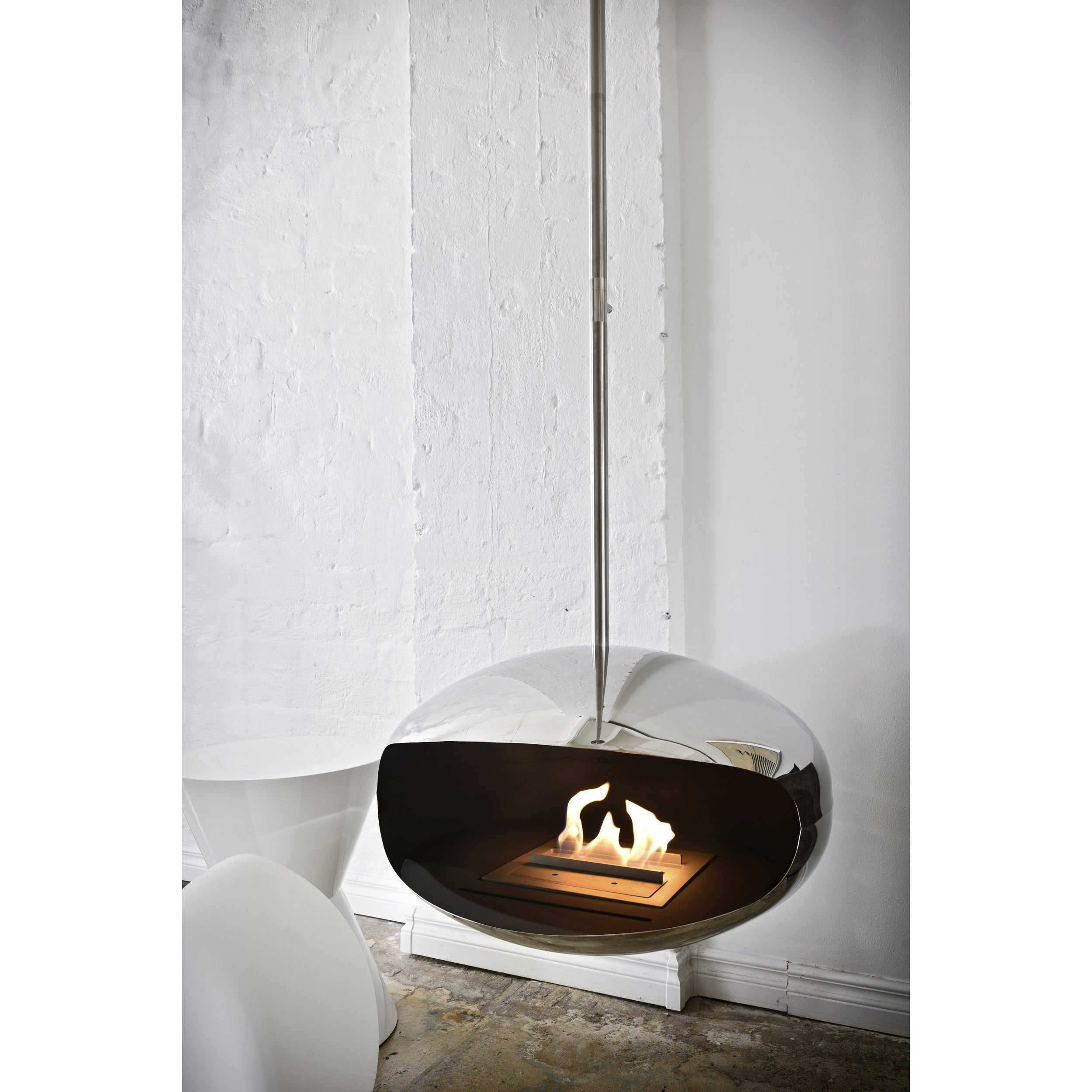 Cocoon Aeris Hanging Ethanol Fireplace - Stainless Steel With Angled Pole