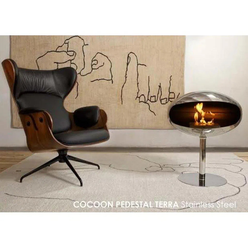 Cocoon Pedestal Standing Ethanol Fireplace - Stainless Steel Shell w Stainless Steel Stand