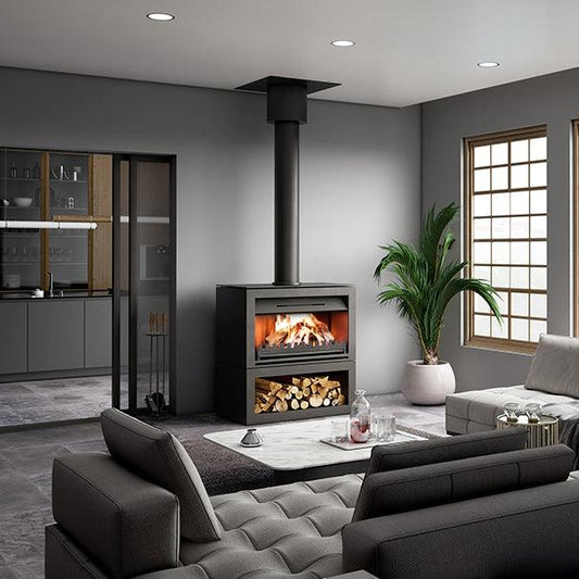 Nectre N900 Free Standing Wood Fireplace with Base, Flue Kit & Remote Control Fan