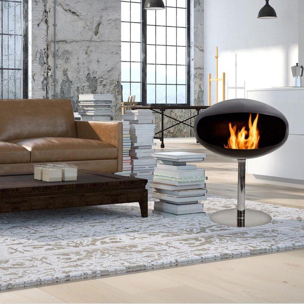 Pedestal Standing Cocoon Ethanol Fireplace - Matte Black With Stainless Steel Stand