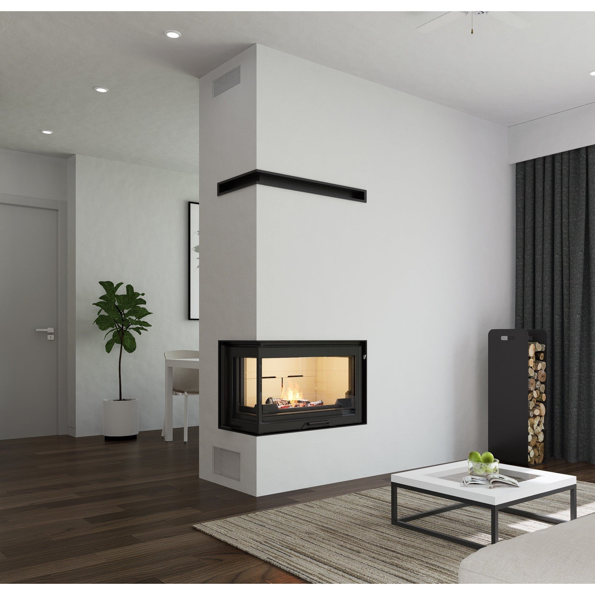 Seguin Visio 8 Plus Wood Fireplace With Left Sided Glass, Black Line Glass & Brick Lining