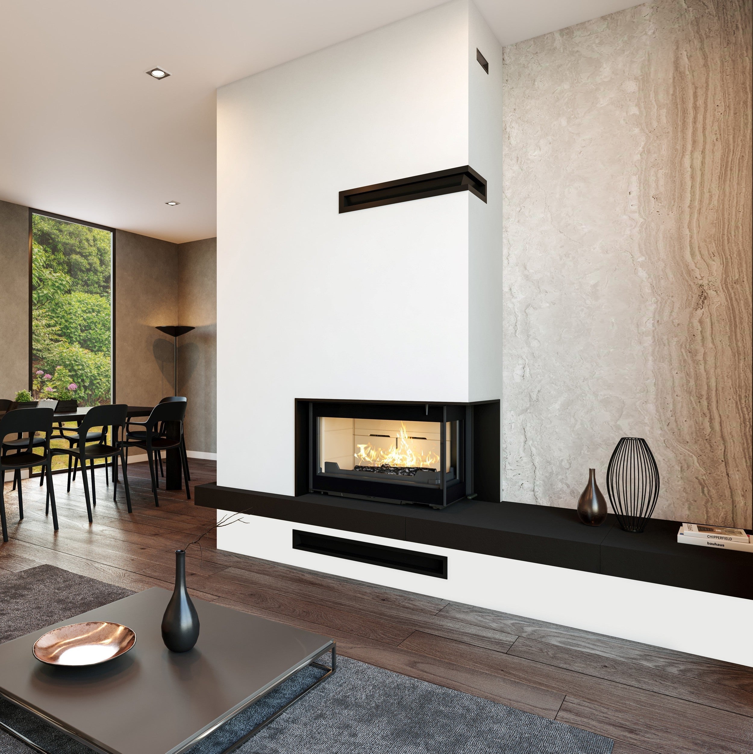 Seguin Visio 8 Plus Wood Fireplace With Right Sided Glass, Black Line Glass & Brick Lining