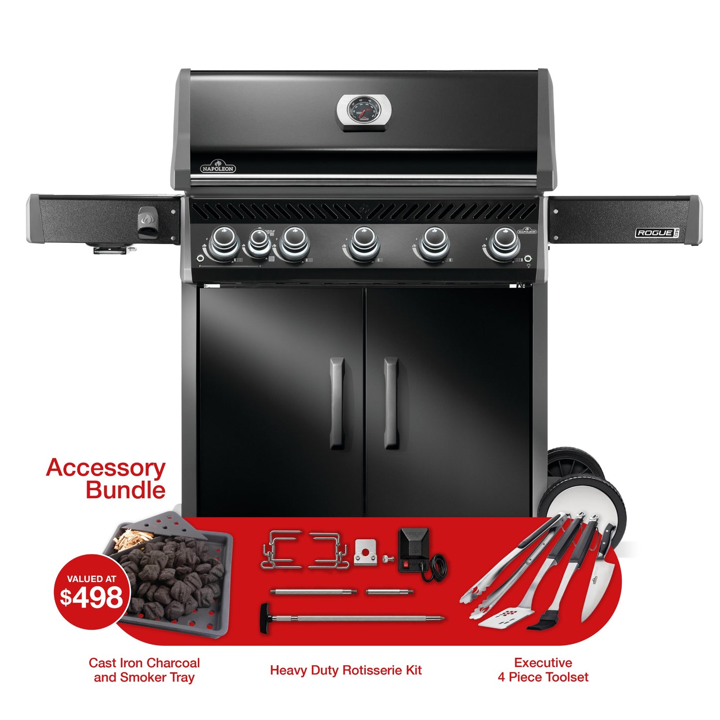 Napoleon Rogue PRO 625 LPG Gas BBQ with Infrared Side Burner Bundle