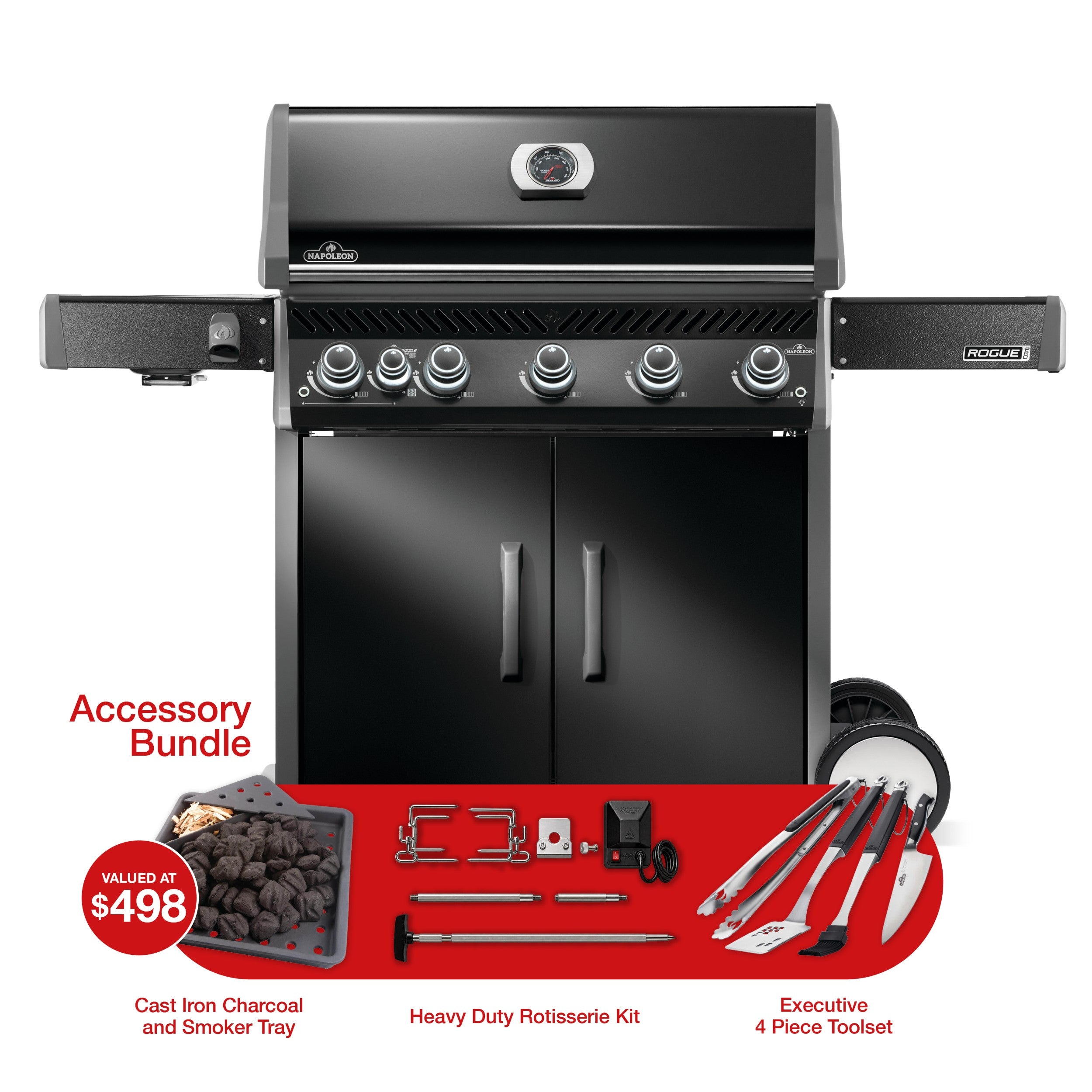 Napoleon Rogue PRO 625 LPG Gas BBQ with Infrared Side Burner Bundle