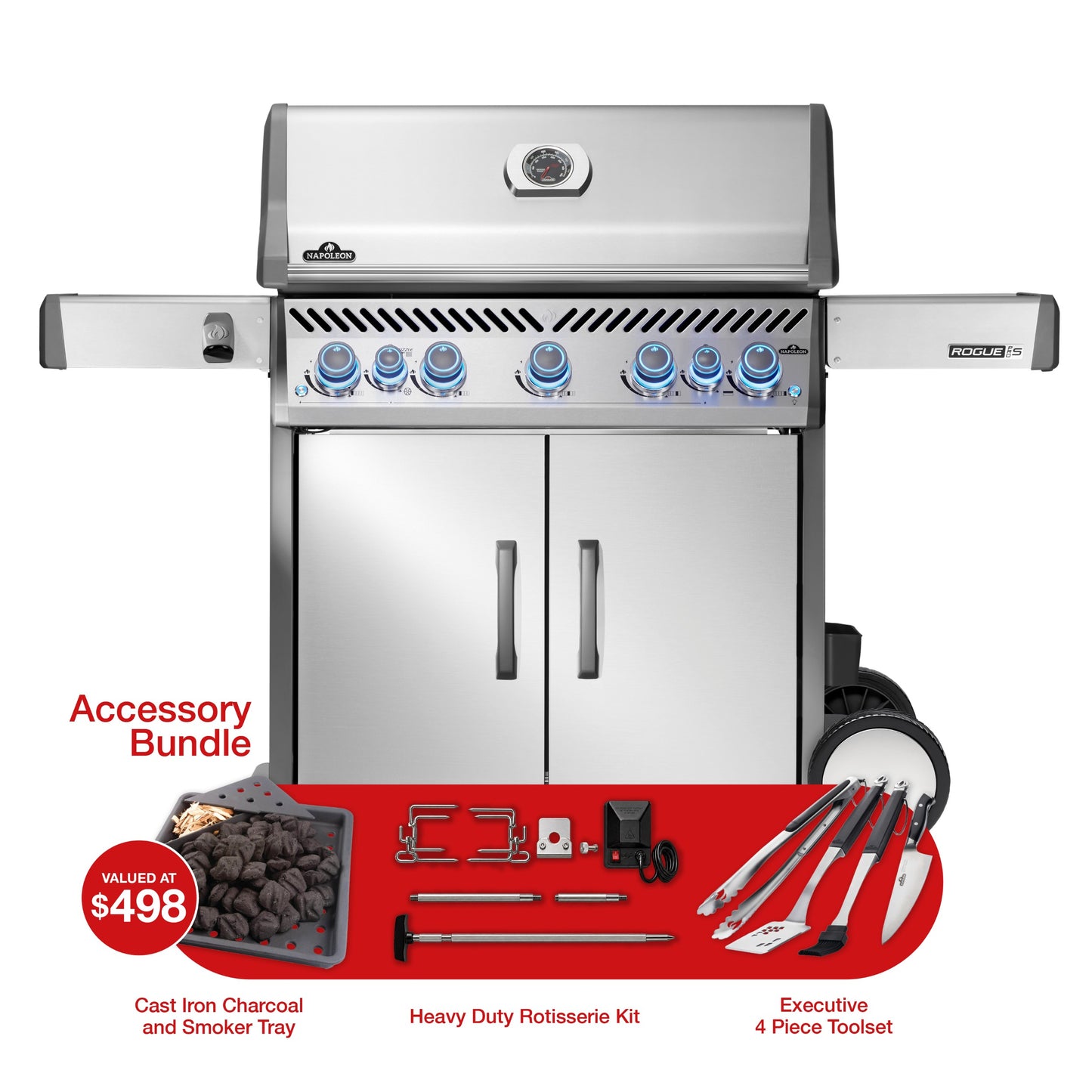 Napoleon Rogue PRO-S 625 LPG Gas BBQ with Infrared Side and Rear Burners Bundle